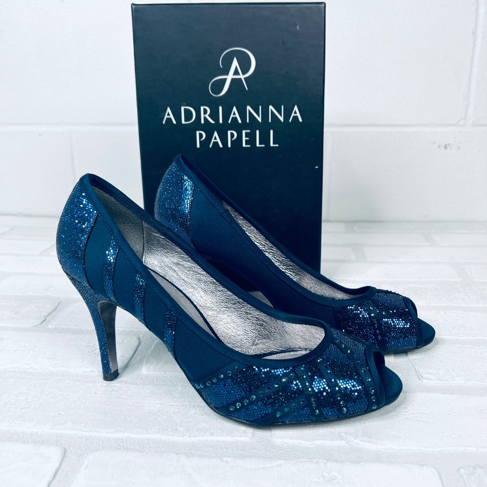 Adrianna Papell Navy Blue Satin Glitter Embellished Peep Toe Pumps Heels Size 8M